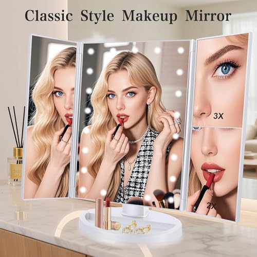 deweisn Floor Mount Tri-Fold Lighted Vanity Mirror with 21 LED Lights, Touch Screen and 3X/2X/1X Magnification, Two Power Supply Modes Make Up Mirror,Travel Mirror - color: White