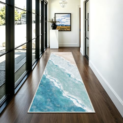 Beach Pattern 2x7ft Runner Rug Non Slip Washable Kitchen Runner Rug with Rubber Backing,Low-Pile Soft Washable Runner Rugs for Hallway Entryway Kitchen Bedroom Living Room Bathroom - color: Light Blue Beach, size: 2' x 7' (Rug)