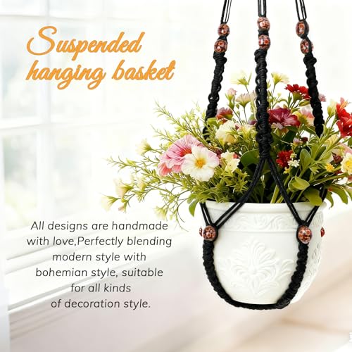 35 Inch Macrame Plant Hanger, Large for up to 15 Inch Pot Extra Long Hanging Planter Holder Basket with Wood Beads for Indoor Outdoor Home Decor (Black, 1-Pack) - color: Black, size: 1-Pack