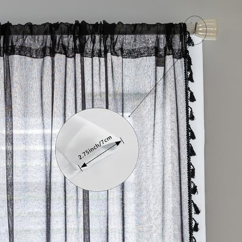 Black Sheer Curtains 63 inch Long, Fringed Edges and Textured Semi Sheer Curtains Large Window Treatments for Living Room/Bedroom, 2 Panels - color: Black, size: 52"W x 63"L (Pack of 2)
