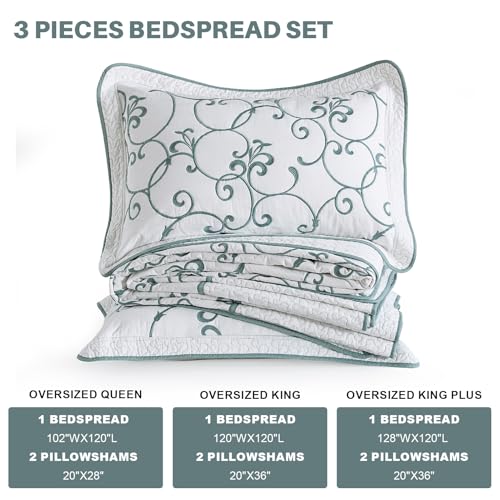 Oversized Queen Bedspread 120"x102" - 100% Cotton Extra Large Quilt, Embroidered Bedspread Coverlet with Pillow Shams, Lightweight Quilted Bedding Set 3 Piece, Aqua Blue/White - color: White/Aqua Blue(turquoise), size: Oversized Queen(120"x102")