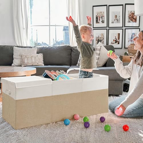 INDRESSME 185L Extra Large Toy Storage Box with Lid Collapsible Toy Chest - color: Beige & White, size: 39"x17"x17"