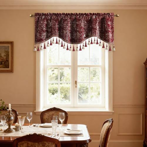 Leeva Velvet Window Valance 52x18 Burgundy, Foil Print Floral Pattern Rod Pocket Curtain Topper with Tassel Trim for Bedroom Living Room - color: Burgundy