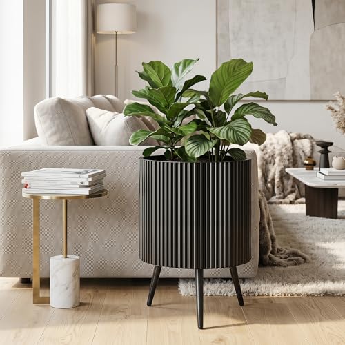 GIANTEX 16 Inch Plant Pot with Stand, Mid-Century Modern Fluted Planter - size: 16.5"×22"H