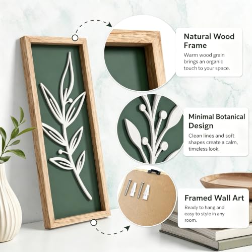 3D Tree Leaf Boho Wall Art, Sage Green, Wooden Framed, Set of 4 - color: 4 Pcs Sage Green, size: 7"X16"
