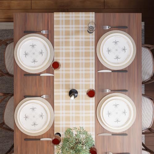 Encasa XO Table Runner, Woven Cotton Dining Linens 13"x59" Beige - color: Franca Beige Checks, size: 13x59 in