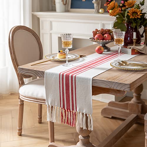 Caflife Christmas Table Runner 13 x 108 Inch for Dining Table, Boho décor Coffee Table Runner with Handcrafted Tassels, red and Beige Stripe Table Runner for Holiday, Winter - color: Red Beige, size: 13x108Inch