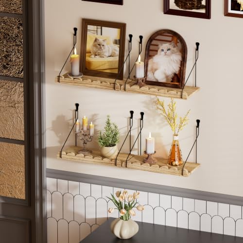 QsQueen Scalloped Floating Shelves for Wall, 4 Pack 11.8 inch Paulownia Wood Wall Shelves with Decorative Metal Rail, Rustic Display Shelf for Plants, Bathroom, Bedroom, Living Room & Home Decor - color: Light Brown