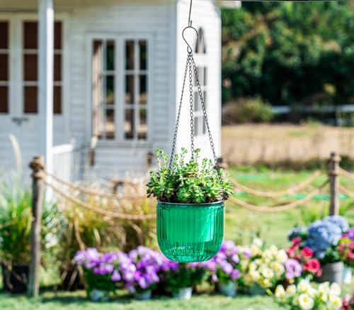 Melphoe 2 Pack Self Watering Hanging Planters Indoor Flower Pots, 6.5 Inch Outdoor Hanging Plant Pot Basket, Plant Hanger with 3Hooks Drainage Holes for Garden Home - color: Emerald+white, size: 6.5''+6.5''