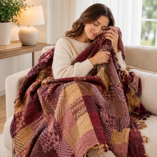 amorus Boho Sofa Cover, Throw Blankets for Couch (L, 86 x 102 in) - color: Red Plaid, size: 86 x 102 in