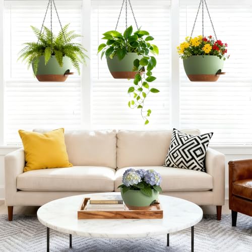 UOUZ Set of 3-10 Inch Self Watering Hanging Planters for Indoor & Outdoor,Hanging Plant Pots with Drainage & Removable Tray, Hanging Pots Holder for Ivy, Ferns, Balcony & Patio, Green and Brown - color: Green With Brown, size: 10inch-3pack