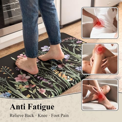 KIMODE Anti Fatigue Mats for Kitchen Floor, Farmhouse Floral Kitchen Rugs - color: Floral/Black, size: 47"L x 17.3"W x 0.47"Th + 29"L x 17.3"W x 0.47"Th