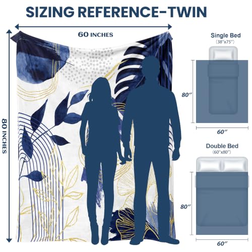 Blue Leaf Throw Blanket, Navy Blue and Gold, 60x80 in - color: Blue, size: 60"Wx80"L
