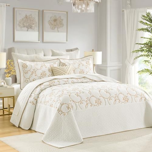 100% Cotton Oversized Bedspread Quilt Coverlet Set, 128"x120" Extra Large Cal King Bedspreads with Pillow Shams, Lightweight Embroidered Bedding Cover 3 Piece, Beige/White - color: Beige/White, size: Extra Wide Super King(128"x120")