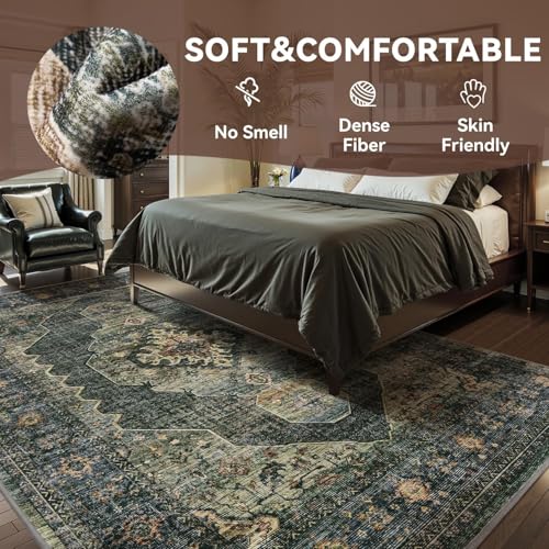 Olive Green 5x7 Area Rugs for Living Room Bedroom Rug Washable Soft Vintage Neutral Farmhouse Dining Room Office Rug Carpet Water Repellent Easy Care Non Slip - color: Dark Green/Olive, size: 5' x 7' (Rectangular)