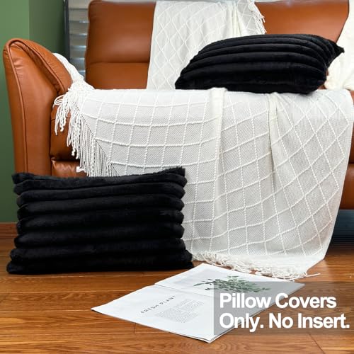 COTEY 12x20 Decorative Faux Fur Throw Pillow Covers Set of 2- Black - color: Black, size: 20" x 12" (Pack of 2)