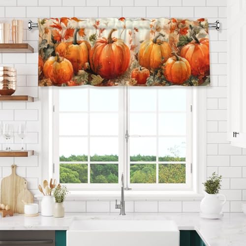 Worltoldb Thanksgiving Pumpkin Curtain Valance Short Rod Pocket Window Treatment for Living Room Bedroom Kitchen Bathroom 1 Panel 54" W x 18" L - color: Thanksgiving Pumpkin