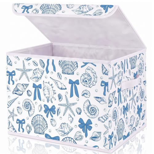 Briwooody Beach Storage Bin with Lid and Carrying Handle Coastal Blue Bow Seashell Foldable Storage Box Summer Bachelorette Party Decorative Collapsible Container Basket for Closet Home Bedroom Gift - style: Blue Bow Seashell