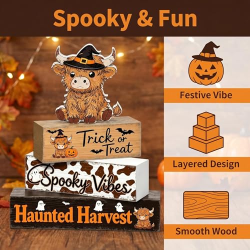 4 Pieces Highland Cow Wooden Table Decor Set, Rustic Farmhouse Tiered Tray Decor, Western Country Style Shelf & Tabletop Decorative Accent Pieces, Home Office Kitchen Mantel Decoration