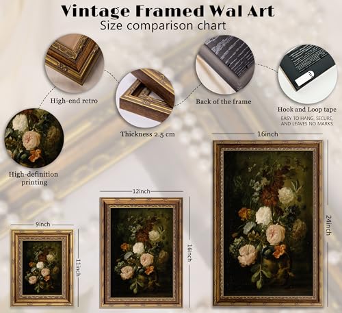 VZKRHPGA Vintage Gold Framed Flowers Wall Art,Dark Flower Painting Prints - color: Black Flowers in a Bottle, size: 16"L x 12"W