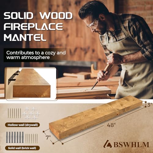 48x7x3in Solid Pine Wood Fireplace Mantel, Natural Wood - color: Natural Wood, size: 48x3x7-solid