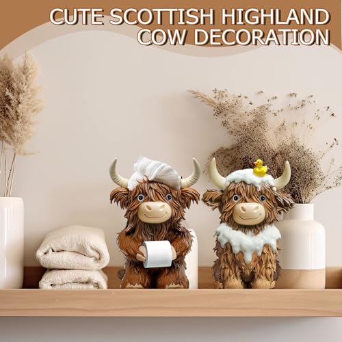 2 Pcs Resin Highland Cow Bathroom Figurines Decor, Bathroom Style - style: Bathroom