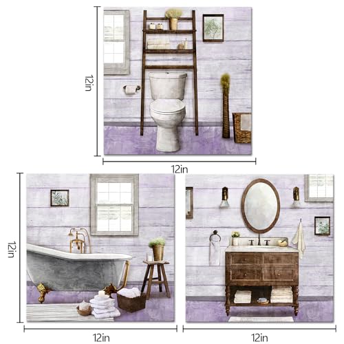 Visual Art Decor Bathroom wall Art Farmhouse Bathroom Decor Painting, Framed Canvas Wall Art 12x12inchx3Pieces (Lavender) - color: Lavender