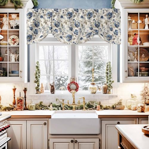 Blue Gray Spring Floral Tie Up Valance for Window, Vintage Botanical Adjustable Balloon Window Shade Valance Curtain for Kitchen Cafe Bathroom Window Treatment Panel 42''x18'' - color: Darkblue Linen, size: 42"W x 18"L (Pack of 1)