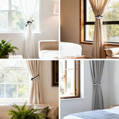 NICEEC Cotton Rope Magnetic Curtain Tiebacks, 4 Pack, Dark Blue & Beige - color: Dark Blue & Beige, size: 4 Pack