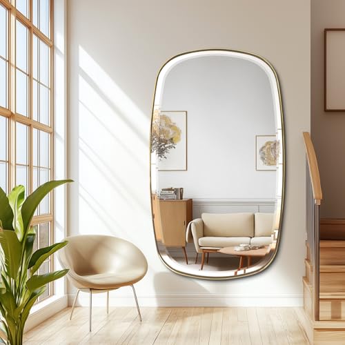 POZINO 48"x28" Brushed Gold Oblong Beveled Bathroom Mirror for Over Sink - color: Gold Rectangle, size: 48"L x 28"W