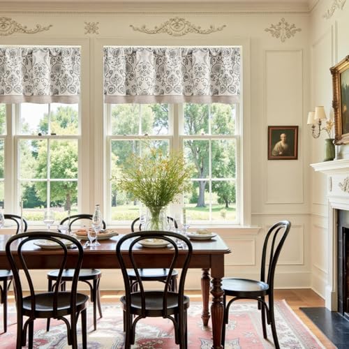 Vangao Linen Valance Kitchen Curtain Double Layer 16 Inch for Living Room Bedroom Bathroom Cafe Window Treatment Vintage Rustic Farmhouse Cottagecore Rod Pocket 1 Panel Grey on Beige (Pack of 2) - color: Double Layer | Bloom Grey, size: 50"W x 16"L (Pack