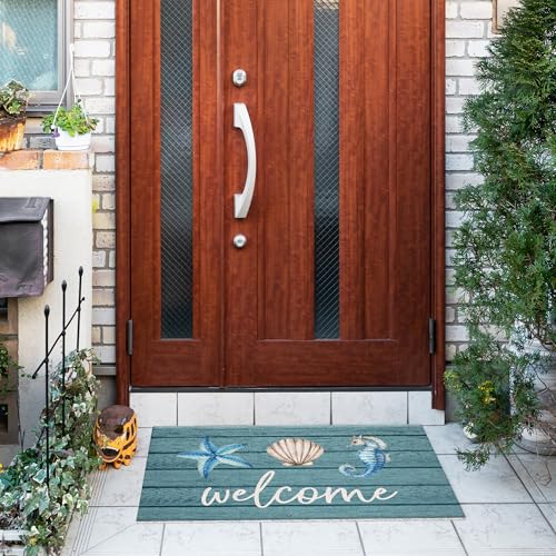 Jvpke Beach Welcome Mat for Front Door, Beach Door Mat, Starfish Seashell Seahorse Beachy Door Mats Indoor Outdoor Entrance Porch, Ocean Beachy Baths Mats for Bathroom, 17x30 Inches - color: Beach Welcome