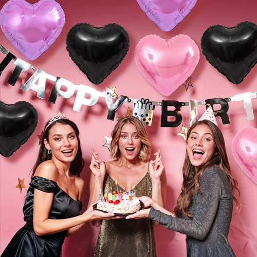 Pink Purple Black Heart Foil Balloons,12Pcs 18Inch Heart Shaped Balloons - color: Black Pink Purple
