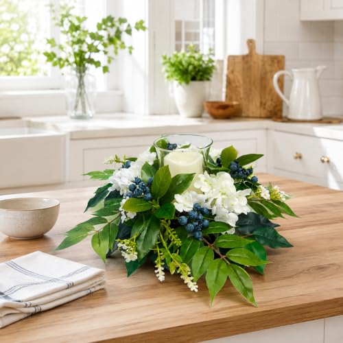 Svndlyn Candle Holder Centerpiece with Glass Hurricane and White Hydrangeas