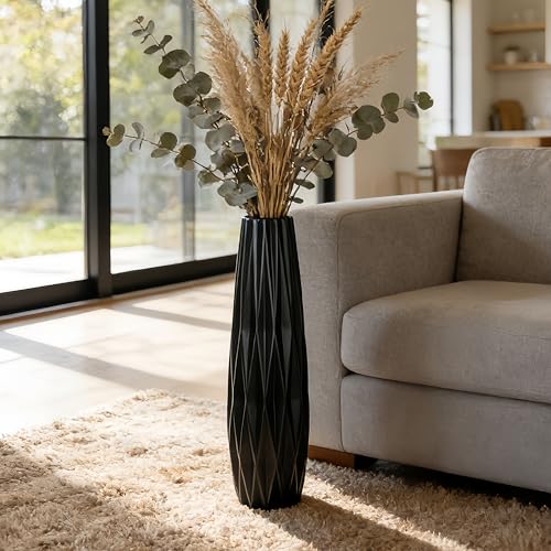 Black Tall Ceramic Floor Vase, 24 Inch, Ribbed Design - size: 24 Inch