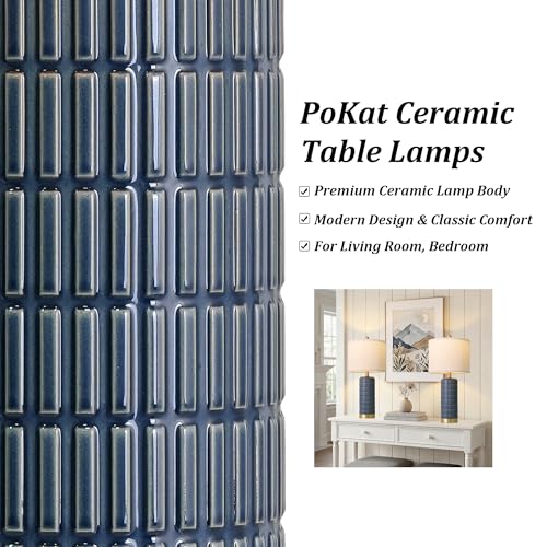 PoKat 25'' Blue Table Lamps for Bedroom Living Room Set of 2, Modern Ceramic Bedside Lamps with Gold Base for Office Sideboard Entryway Side End Table Nightstand Desk Lamps Home Gift (Dark Blue) - color: Dark Blue