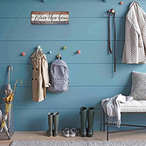 Farmhouse Family Wall Decor Rustic Wood Hanging Wall Art - Bless This Home And All Who Enter - Family Signs for Home Decor Inspirational Quotes for Hallway, Kitchen, Living Room 16"x5"