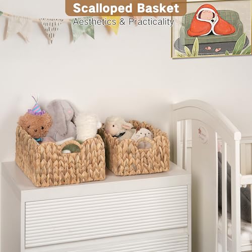 iEGrow Scalloped Wicker Basket, Set of 2 Woven Rattan Natural Water Hyacinth Baskets with Built-in Handles, Rectangle Storage Baskets for Organizing, Decor, Shelf and Nursery Room - color: Natural-water Hyacinth, size: Rectangle