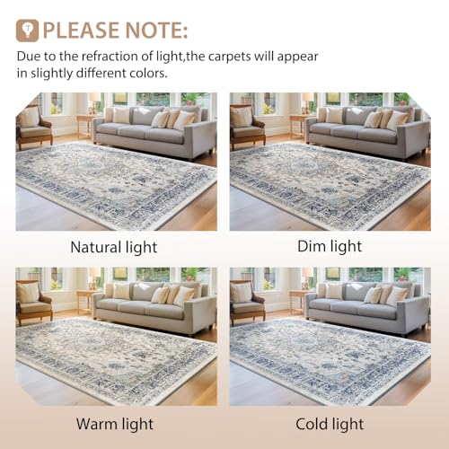 BESTSWEETIE Washable Boho 8x10 Area Rug, No Pile, Living Room, Beige Blue - color: Beige/Blue, size: 10' x 8' (Rectangular)