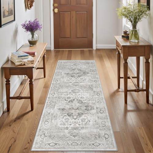 2x6 Washable Runner Rug, Vintage Non Slip Hallway Rug Ivory/Gray - color: Ivory/Gray, size: 2'x6'