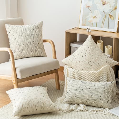 Boho Throw Pillow Covers 20 x 20 in Set of 2 - Neutral Farmhouse Meteor Style Fabric Textured Decorative Cushion Case Striped Square Pillowcase for Sofa, Couch, Beige and Brown - size: 20" x 20" (Pack of 2)