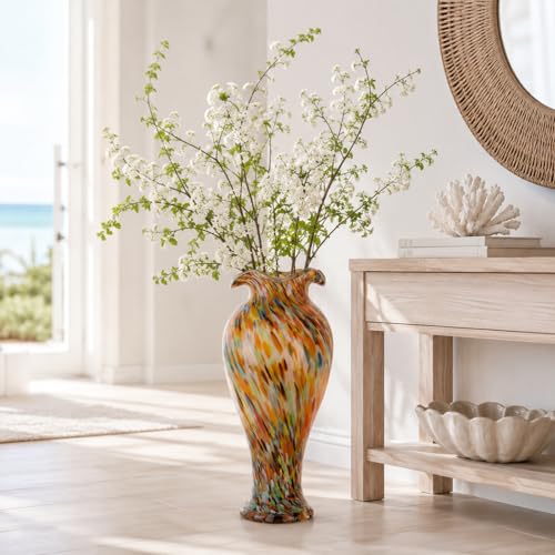 20" Tall Hand Blown Glass Vase – Pretty Ruffle Wide Mouth Decorative Flower Vase, for Modern Home Decor, Ideal Centerpiece for Living Rooms, Wedding & Home Decor - color: Orange, size: Large