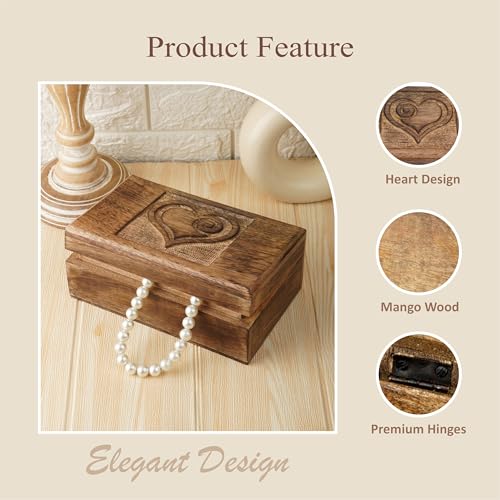 Ajuny Wooden Jewelry Box Heart Carved Keepsake Treasure Chest 8x5 Inch Case