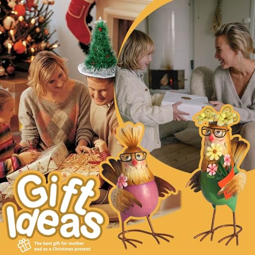 Natelf Metal Rooster & Hen Outdoor Statues Chicken Sculptures Set