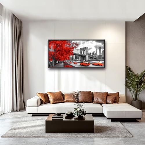 Brooklyn Bridge Large Wall Art Black and White Framed Red Wall Decor for Living Room New York City Pictures Oversized Canvas Print Painting Modern Extra Large Artwork for Bedroom Office 60"x30" - color: Brooklyn Bridge, size: 60"L x 30"W
