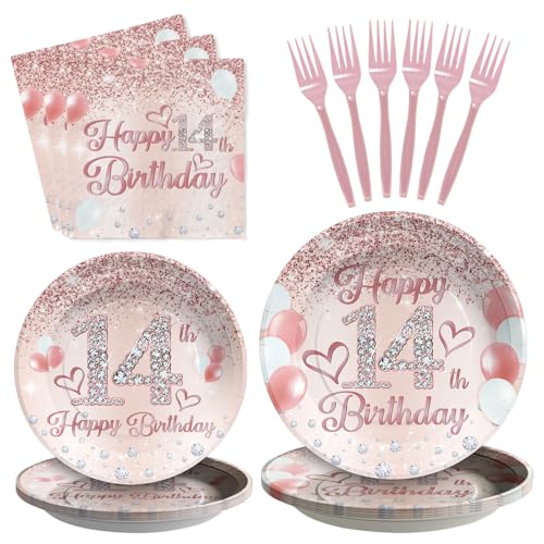 Grencian 96Pcs Rose Gold 14th Birthday Party Decorations, Serves 24 - style: Rose Gold 14th Birthday