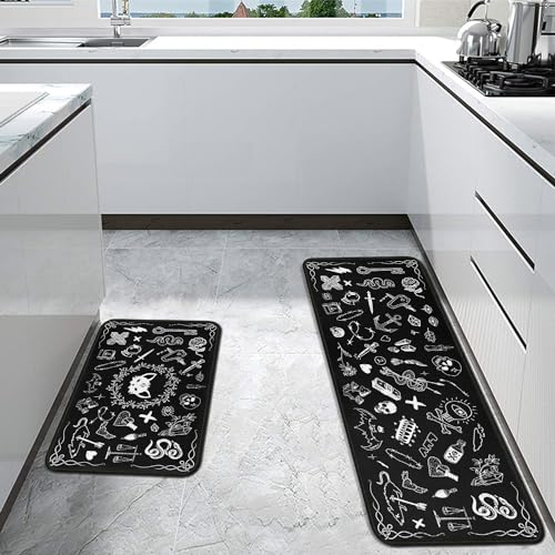 Gothic Rug Set of 2, 17x30+17x47inch, Kitchen Mat with Rubber Backing, Non-Slip, Washable, Black - color: Gothic
