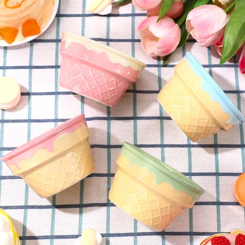 4 Pcs Ceramic Ice Cream Bowl 9 oz Porcelain Waffle Cone Cup, Colorful - color: Colorful