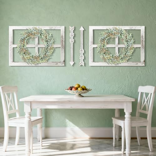 WAKOSAN Rustic Wood Window Frame Wall Decor with Wreath & Arrows - color: Large White