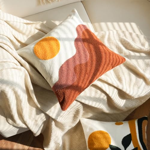 Tufted Boho Textured Accent Throw Pillow Covers 18x18,Soft Mid Century Decorative Art Minimalist Geometric Sun Throw Pillowcases for Couch Sofa Bedroom Living Room,1PC - color: Brown,yellow